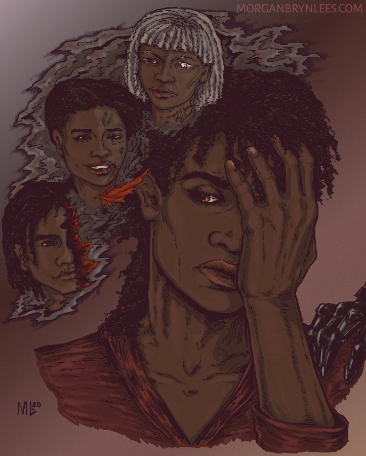 All Gone Thanatos holding a hand over his face, with in the background the faces of his dead family.