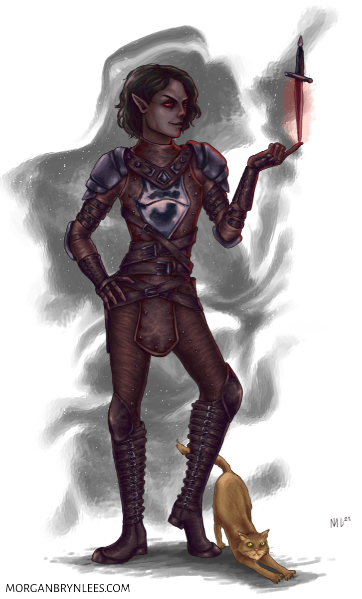 Anryn Sarethi A dark elf with short hair dressed in Dark Brotherhood leathers balancing a knife on their finger, with a stretching light brown cat by their feet.