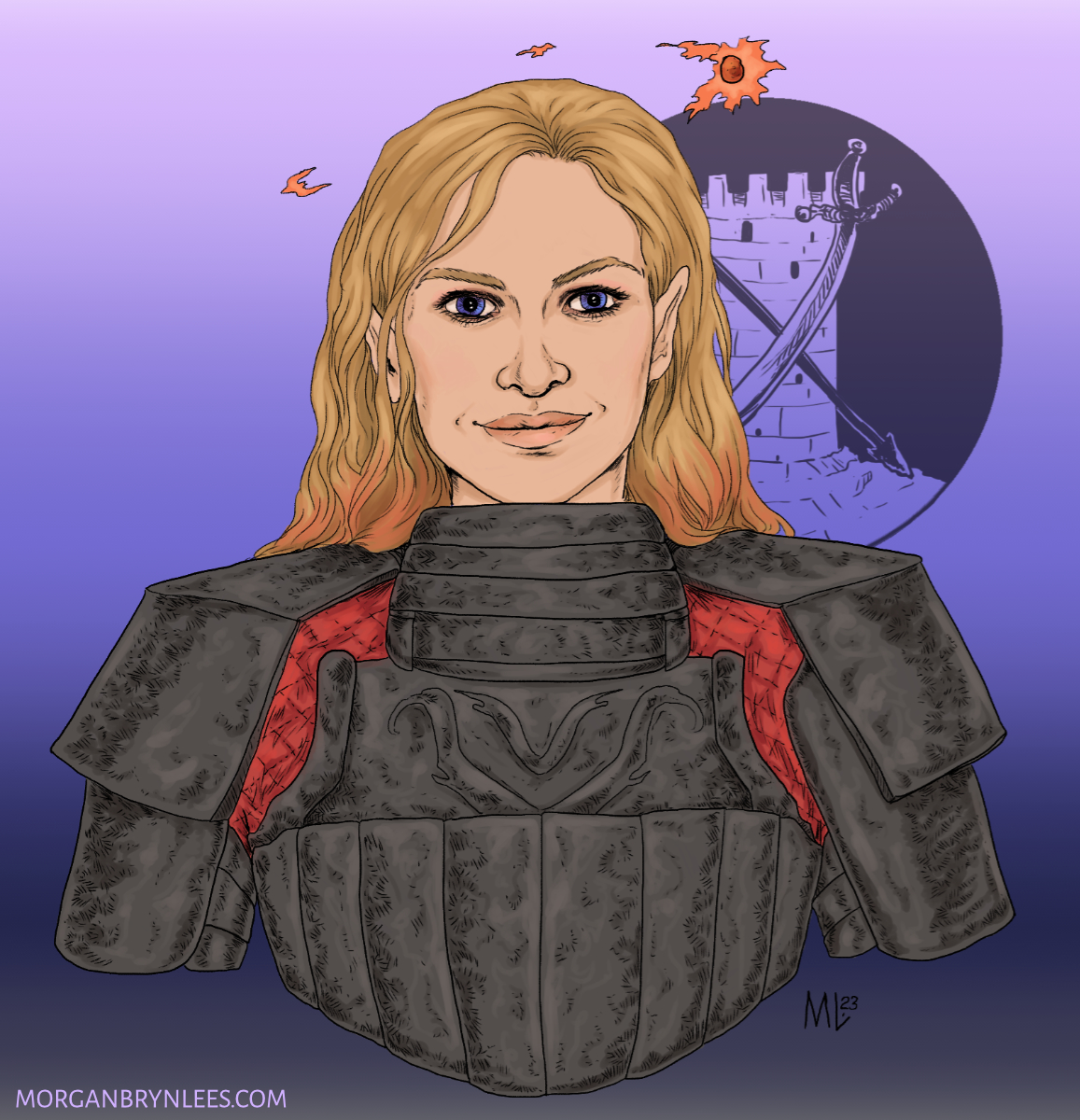 Leader Portrait: Arabel de Marchefort Portrait of a light-skinned half-elven woman with long blond hair tipped with red and violet eyes wearing plate armor.