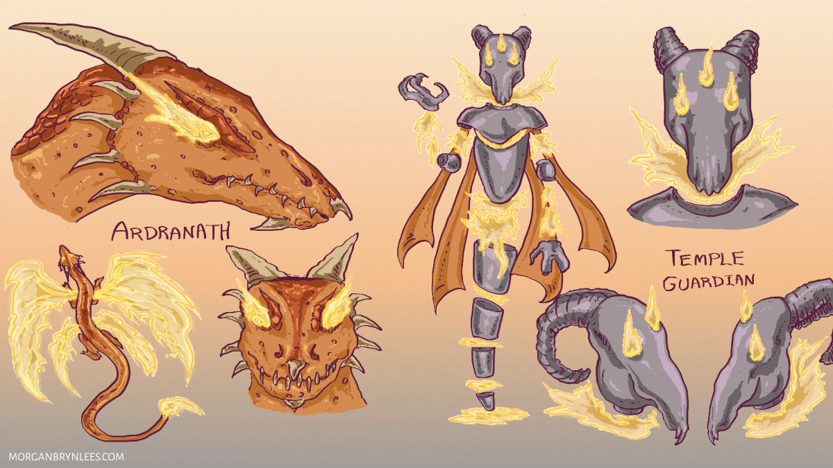 Pyre Reference Sheet: Ardranath and Temple Guardians The left is an orange dragon with glowing gold wings and eyes. The right is a metal construct with gold magic holding it together.