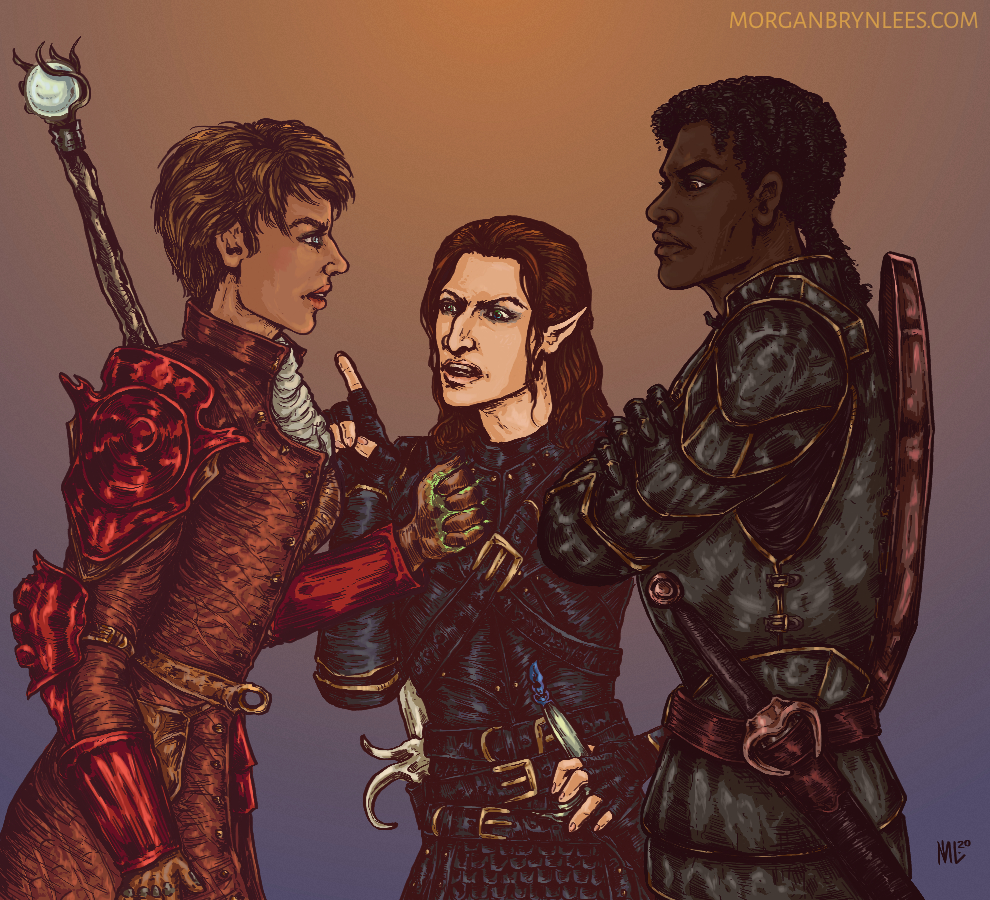 Argument Three people arguing, Yara Trevelyan, Zemariel Tabris, and Thanatos Hawke.