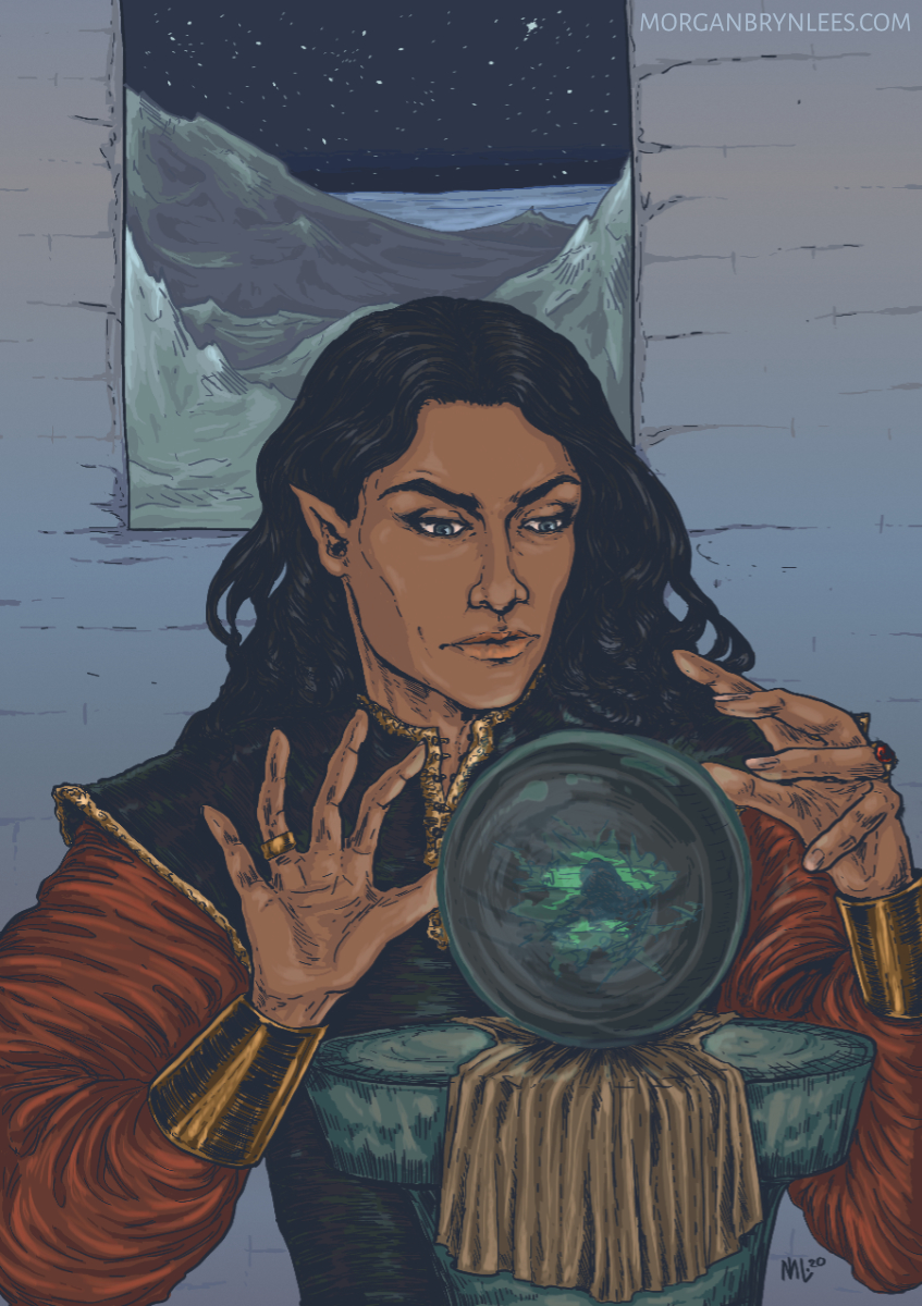 Artamorne A brown-skinned elf with long black hair and grey eyes holds his hands over a seeing stone as he looks into its depths.