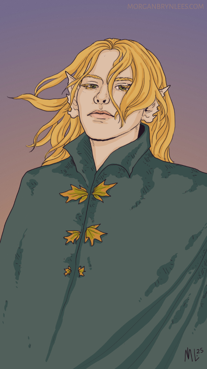 Ayd Mahra Portrait of a faerie with long blond hair, light skin, and green eyes, wearing a leaf-adorned cloak.