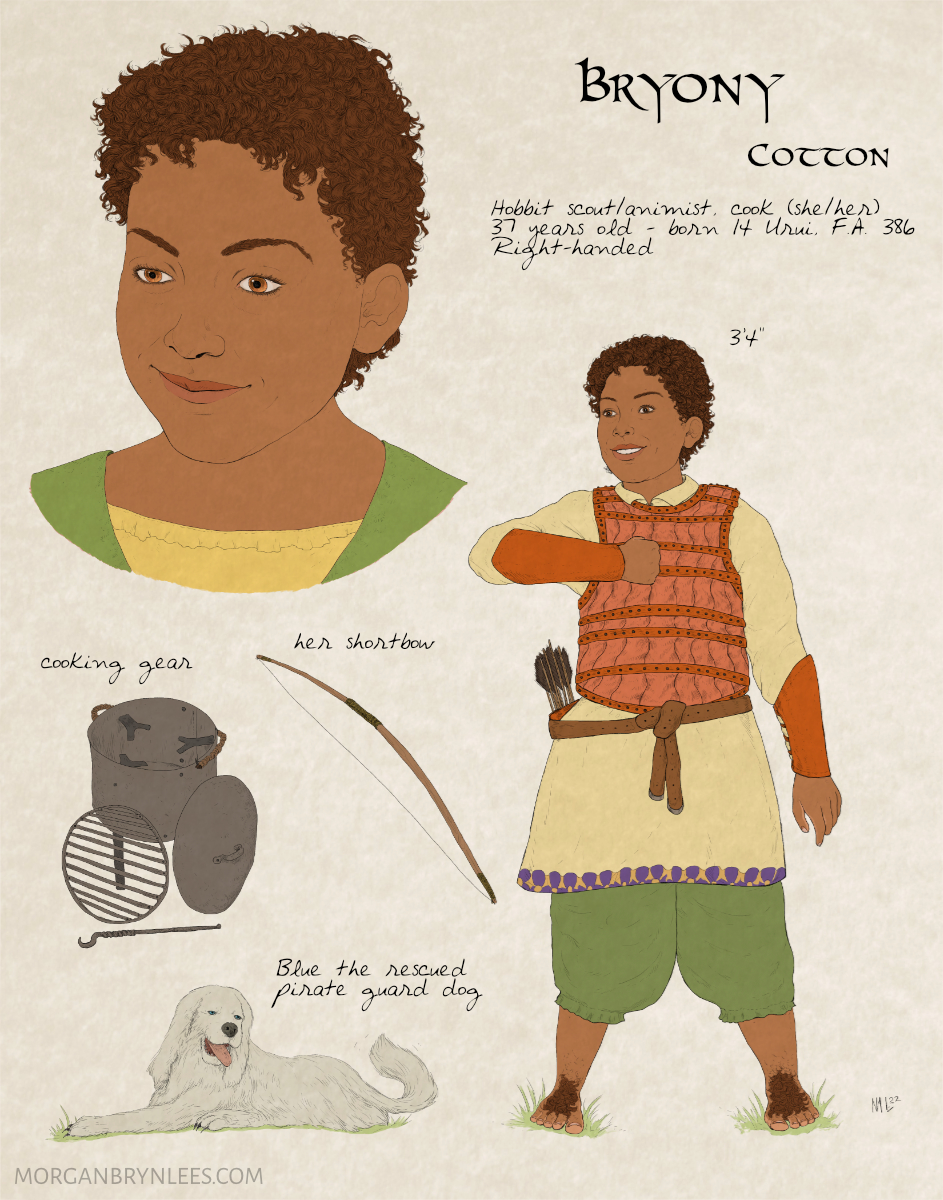 MERP Reference Sheet: Bryony A hobbit woman with brown skin, brown eyes and short curly brown hair is depicted in white tunic, green pants, and light leather cuirass. Also highlighted are her large white dog, a set of cooking gear, and a short bow.