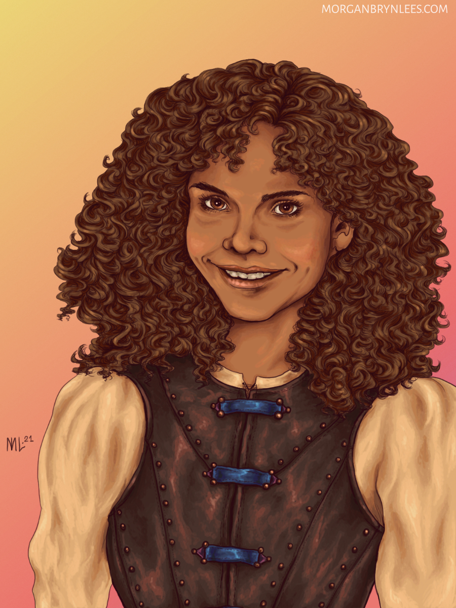 Portrait: Bryony A portrait of a brown skinned hobbit with long curly brown hair and brown eyes wearing leather armor.