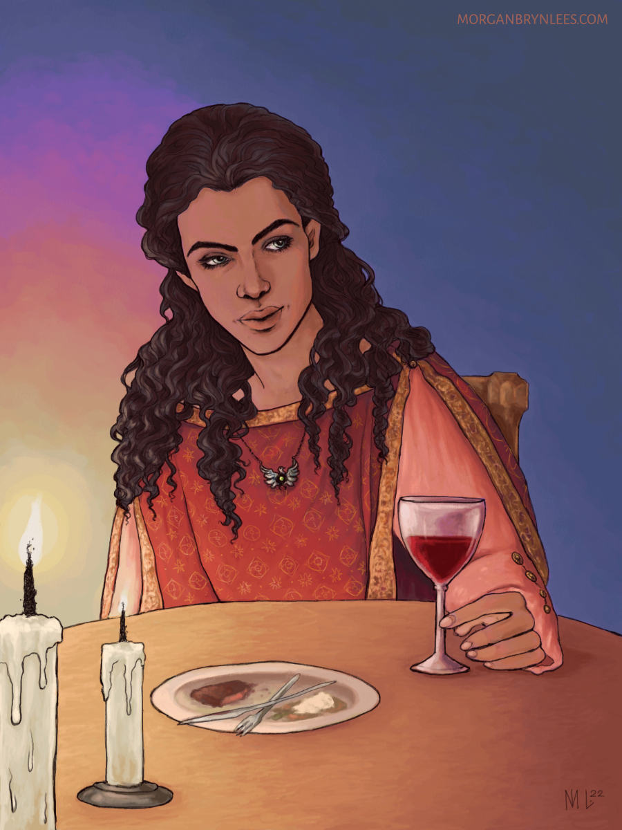 Candlelight A light brown-skinned elf with long curly black hair and grey eyes, wearing fancy red clothing, sits at a dinner table with a candle on it as well as some food and a wine glass.