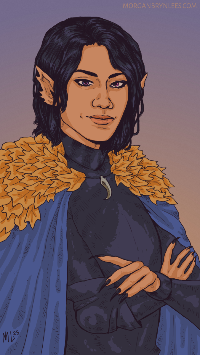 Ceer Falayn Portrait of a faerie with black hair, light brown skin and purple eyes wearing dark armor with a leaf-festooned cape.