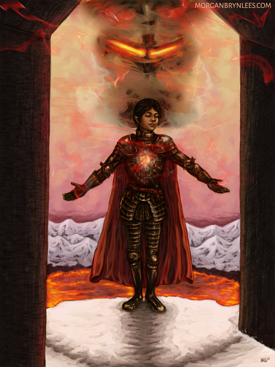 Champion of Gorthimaur A brown-skinned elf with braided black hair and closed eyes, wearing ornate black armor and a cape, stands with their arms stretched out against a snowy background with a glowing helmet symbolizing the god Gorthimaur in the background.