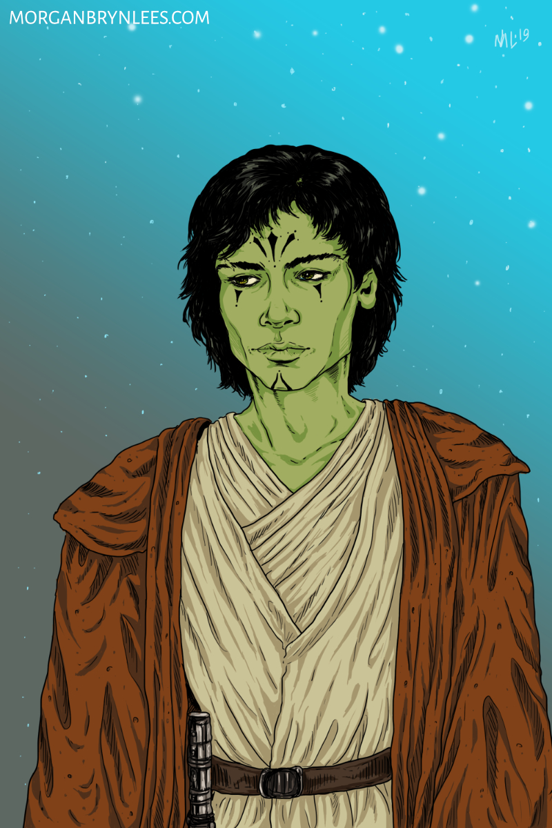 Chel Kasulo A green-skinned person with black hair and tattoos wearing Jedi robes.