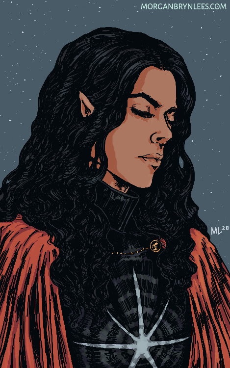 Naryo: Cold Two A light brown-skinned elf with long curly black hair and closed eyes wearing armor and looking down.