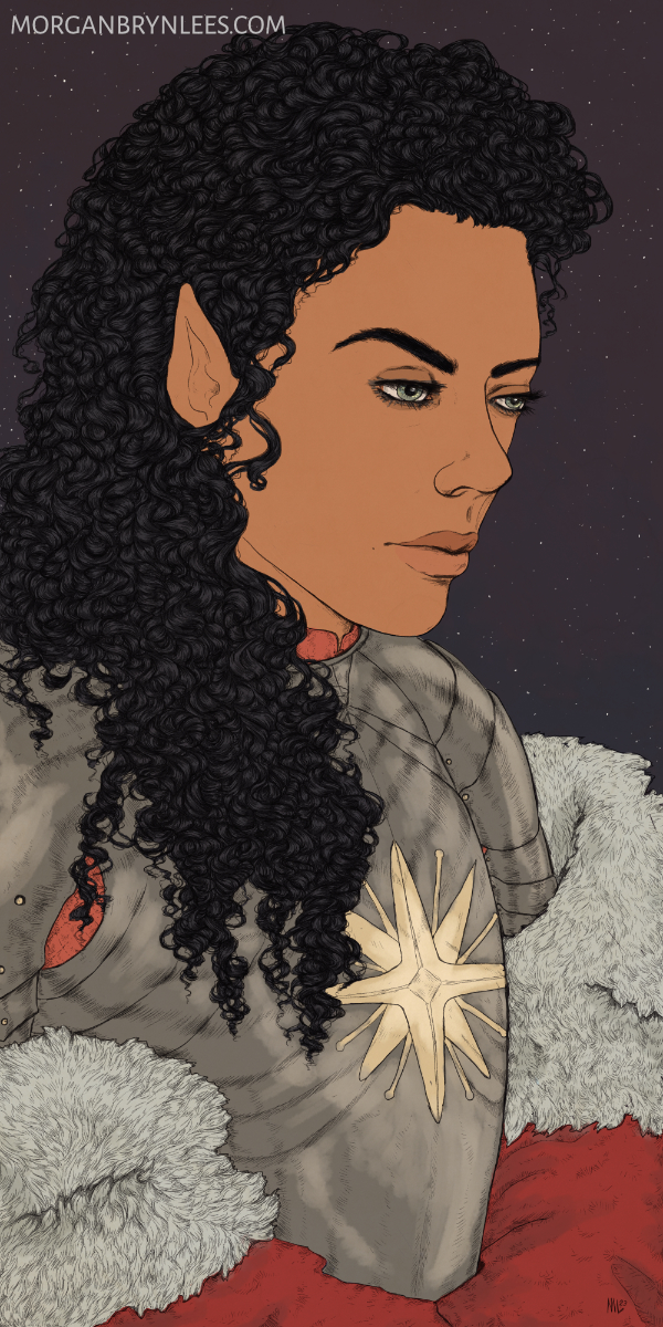 Naryo: Cold Three A light brown-skinned elf with long curly black hair and grey eyes wearing plate armor and a furry red cloak.