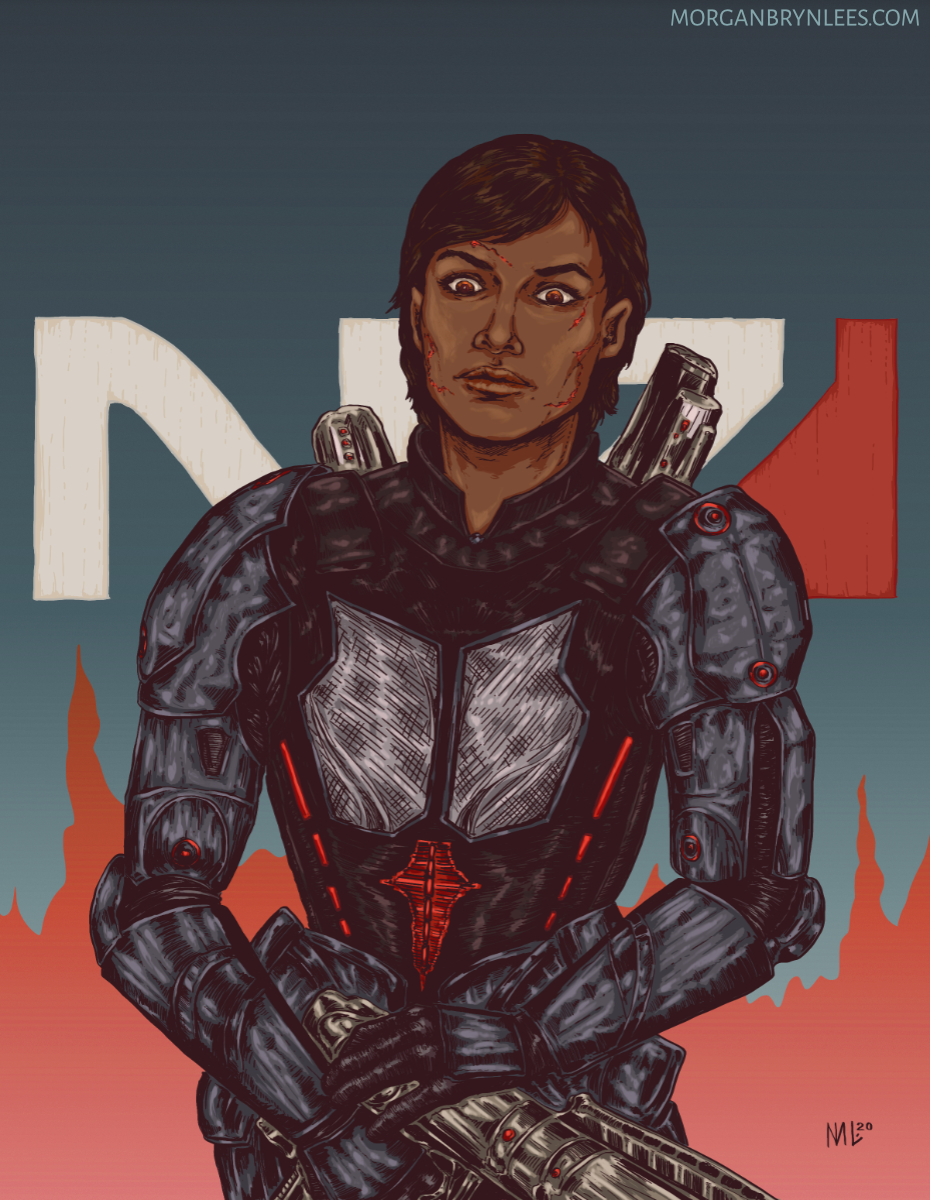 Commander Nahid Shepard A medium skinned woman with short black hair and dark eyes wearing sci-fi armor and holding a sci-fi gun. N7 in background.