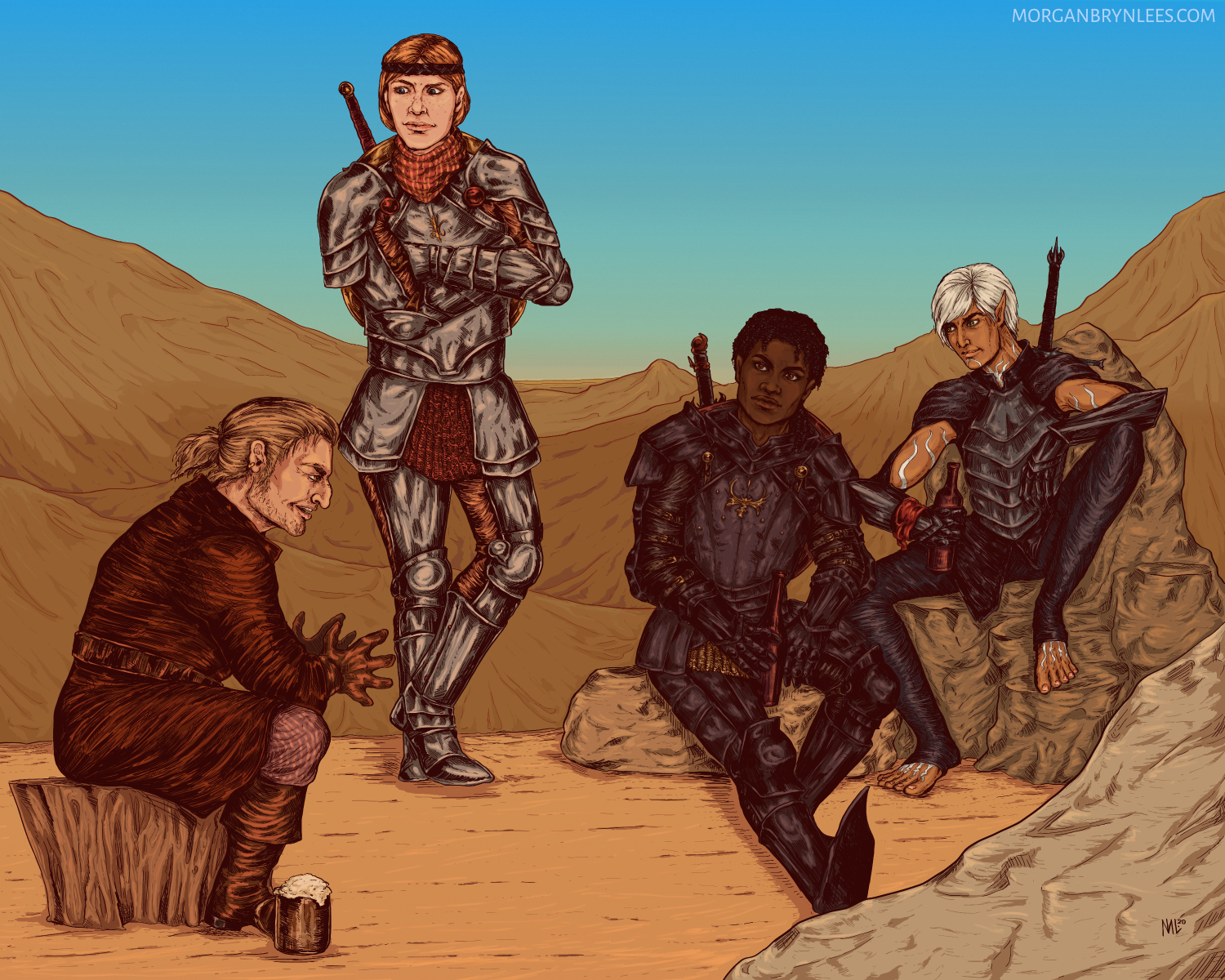 Dragon Age 2 Camp Scene A camp scene in the desert featuring my character and Fenris, Varric, and Aveline from Dragon Age 2.