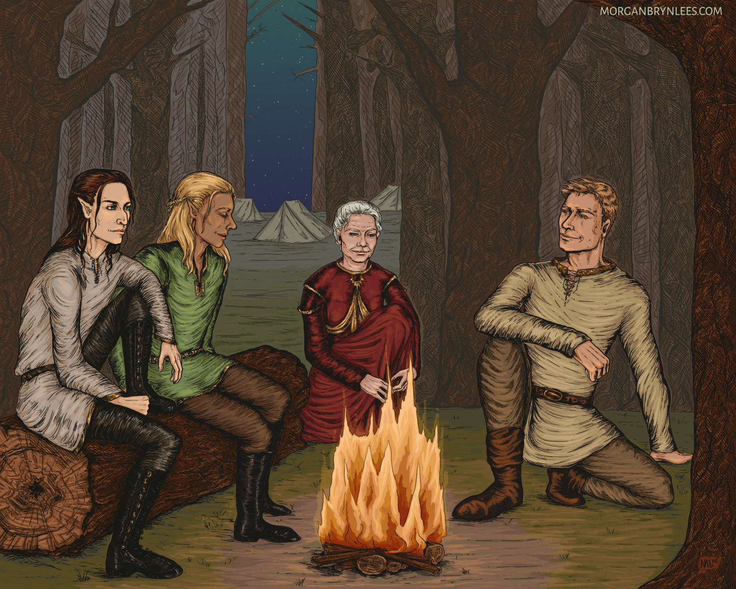 Dragon Age Origins Camp Scene A camp scene in a forest featuring my character and Zevran, Wynne, and Alistair from Dragon Age: Origins.