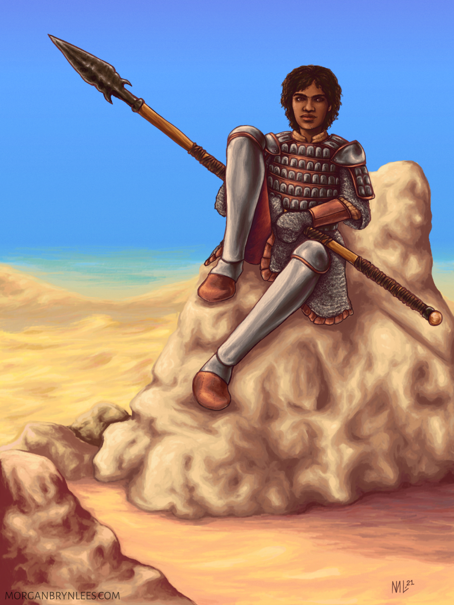 Desert Noon A dark brown-skinned woman with short curly black hair and brown eyes, wearing lamellar armor, sits on a rock in the desert holding a spear.