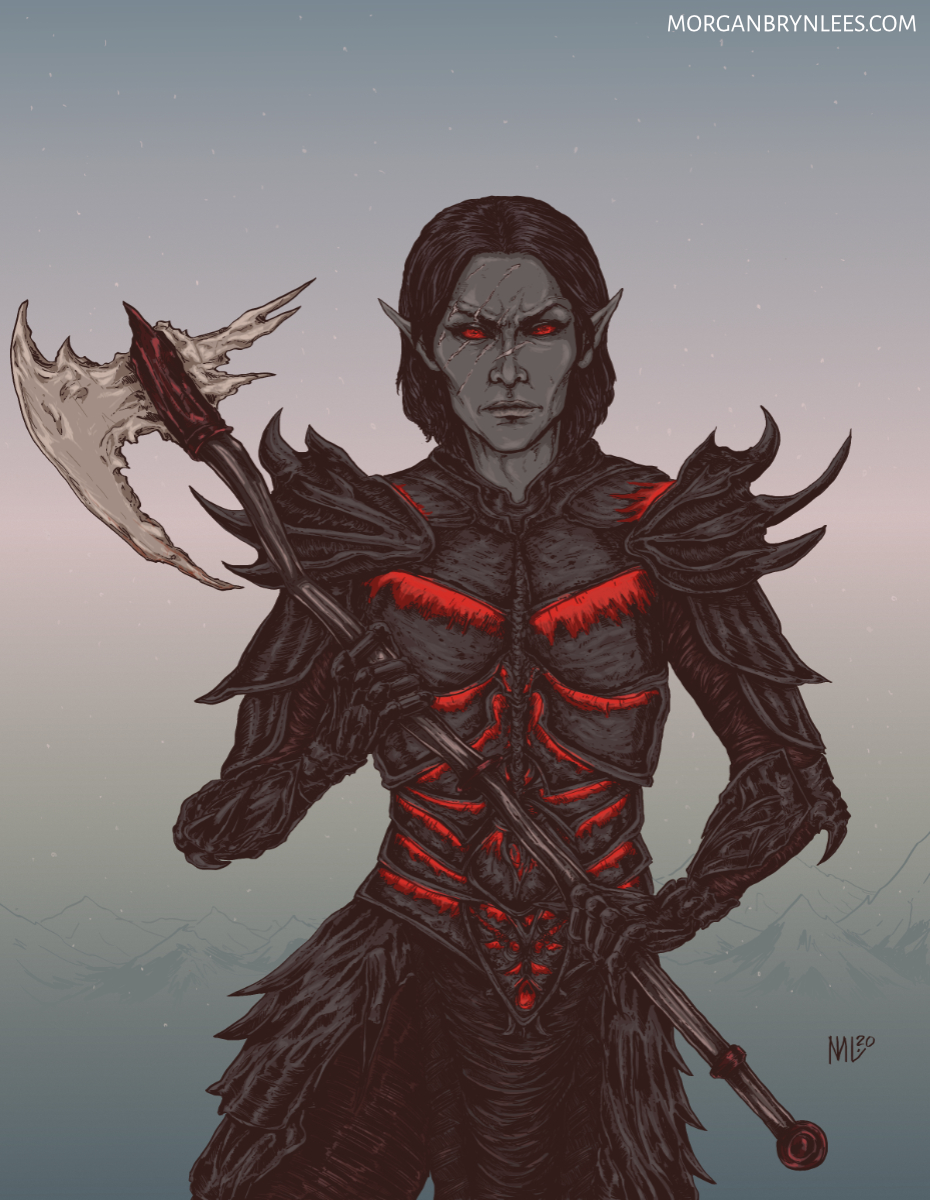 Dragonborn A battle-scarred dark elf wearing Daedric plate armor and carrying a bone ax.