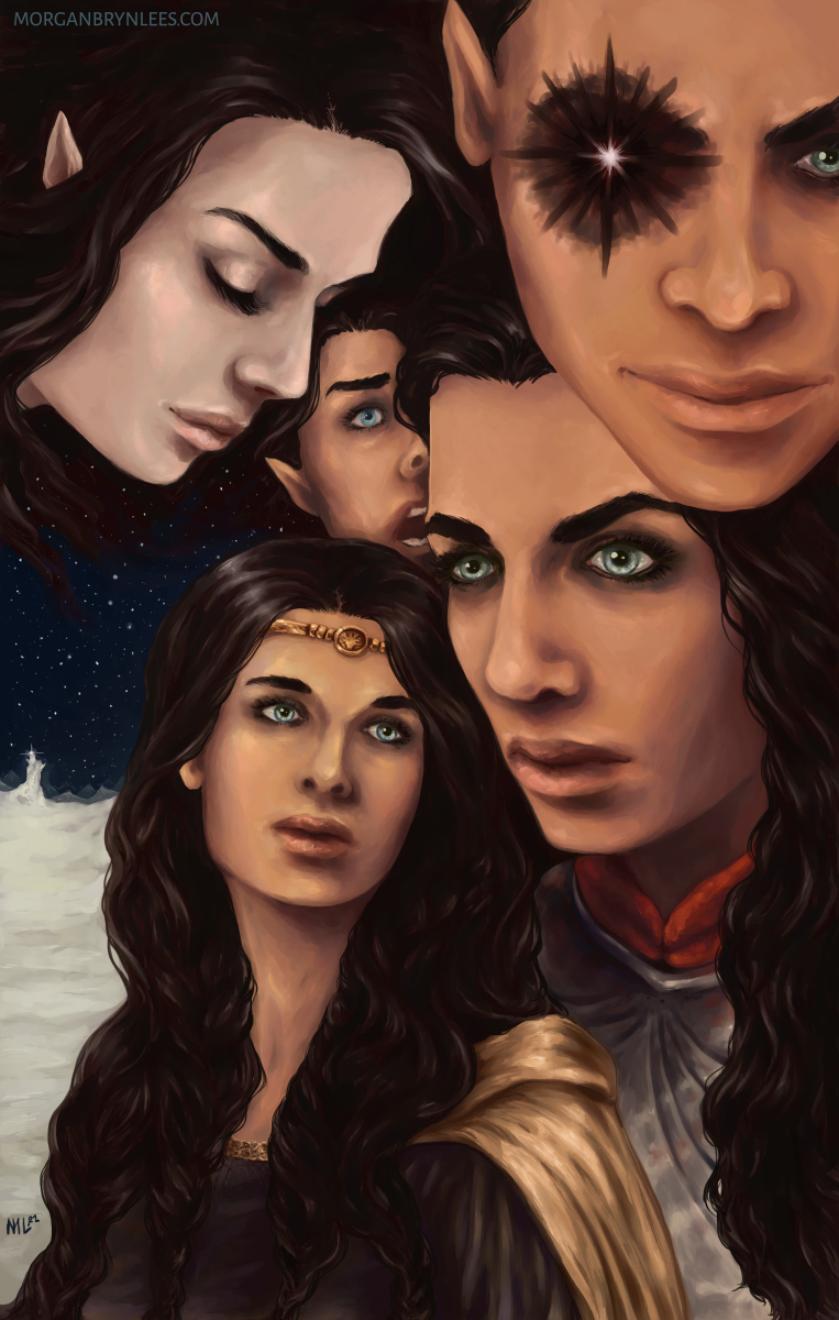 Dark Sun Rising A poster featuring three elves, all black haired, and one half-elf, also black-haired. One elf has black glowing eyes.