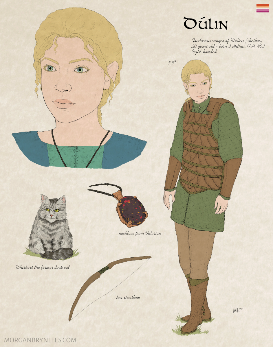MERP Reference Sheet: Dulin A light-skinned woman with long blond hair and grey eyes is depicted wearing leather armor over a green padded tunic. Her hair is tied back. Also highlighted are her grey-and-white striped cat, an obsidian necklace, and a short bow.