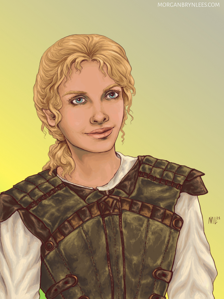 Portrait: Dulin A portrait of a light-skinned woman with blond hair tyed back and grey eyes wearing leather armor.