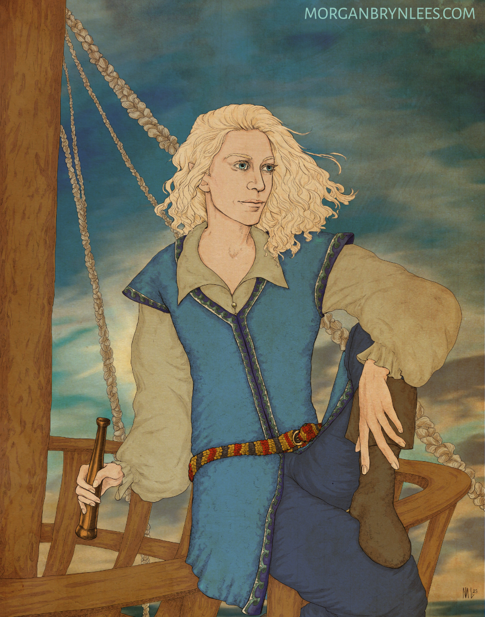 Earilin A light-skinned elf with long blond hair and blue eyes, wearing blue and white clothing, holds a spyglass and looks out to sea.