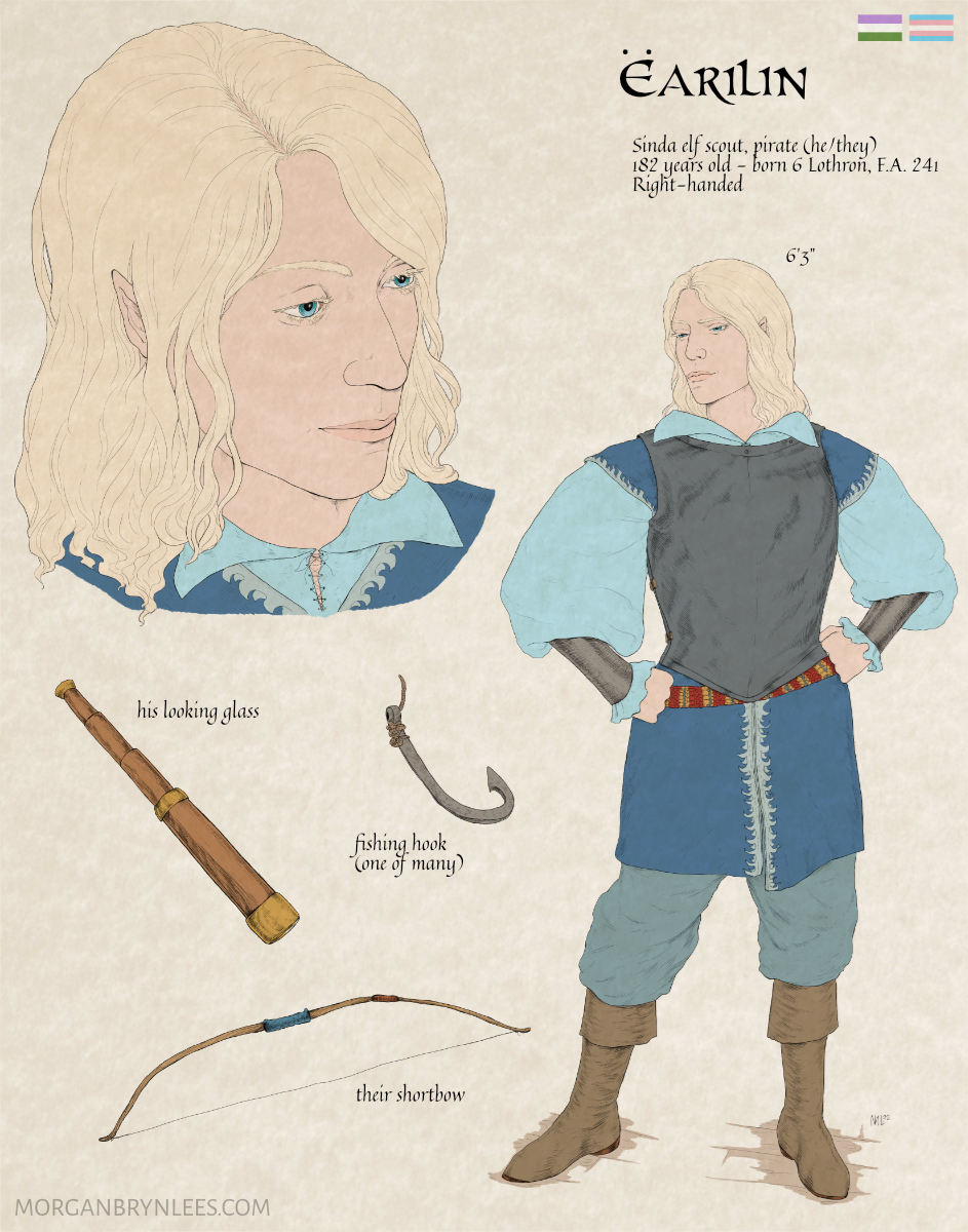 MERP Reference Sheet: Earilin A pale-skinned elf with long light blond hair and blue eyes is depicted wearing a breastplate over blue tunic and shirt. Also pictured are a looking glass, a fishing hook, and a short bow.