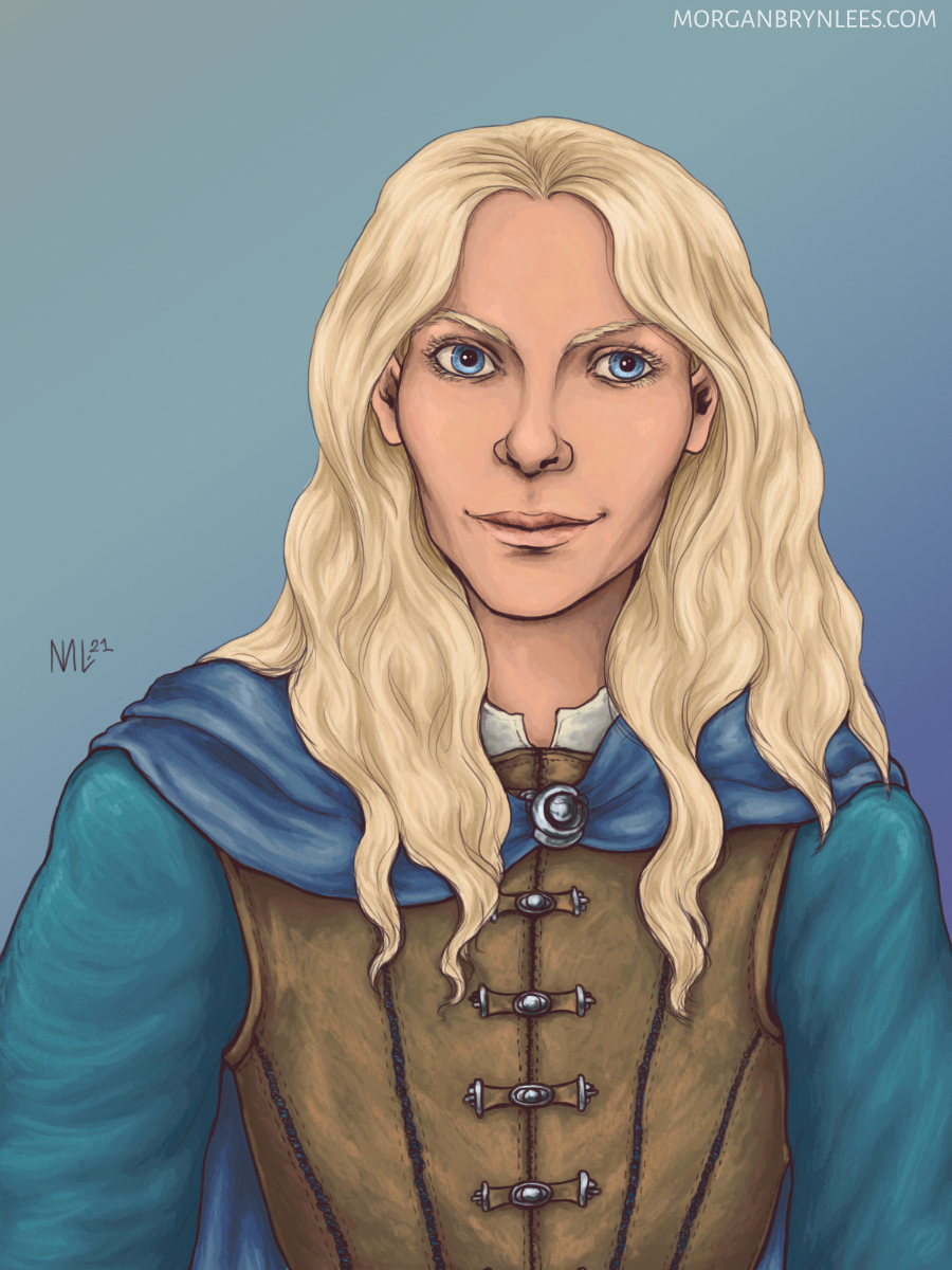 Portrait: Earilin A portrait of a light skinned elf with long blond hair and blue eyes wearing leather armor.