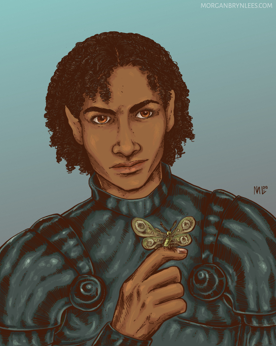Edryn A brown-skinned man with curly black hair wearing plate armor and holding a butterfly.