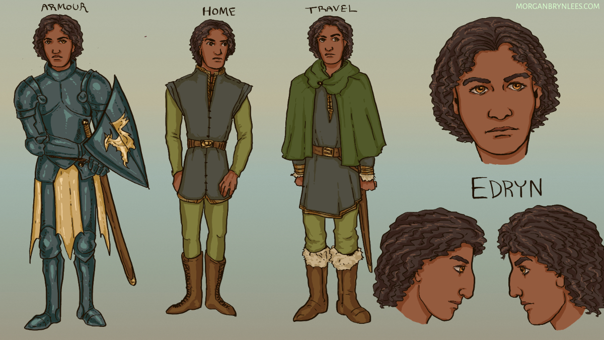 Pyre Reference Sheet: Edryn Facial turnaround and poses of a man with short curly black hair, brown skin, and light brown eyes. In one pose he is wearing plate armor, in the other two a tunic and boots.