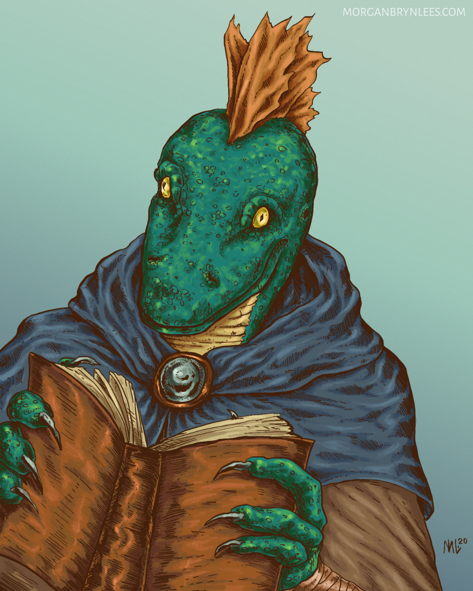 Eiatriss A lizard person with teal scales and an orange crest reading a book.