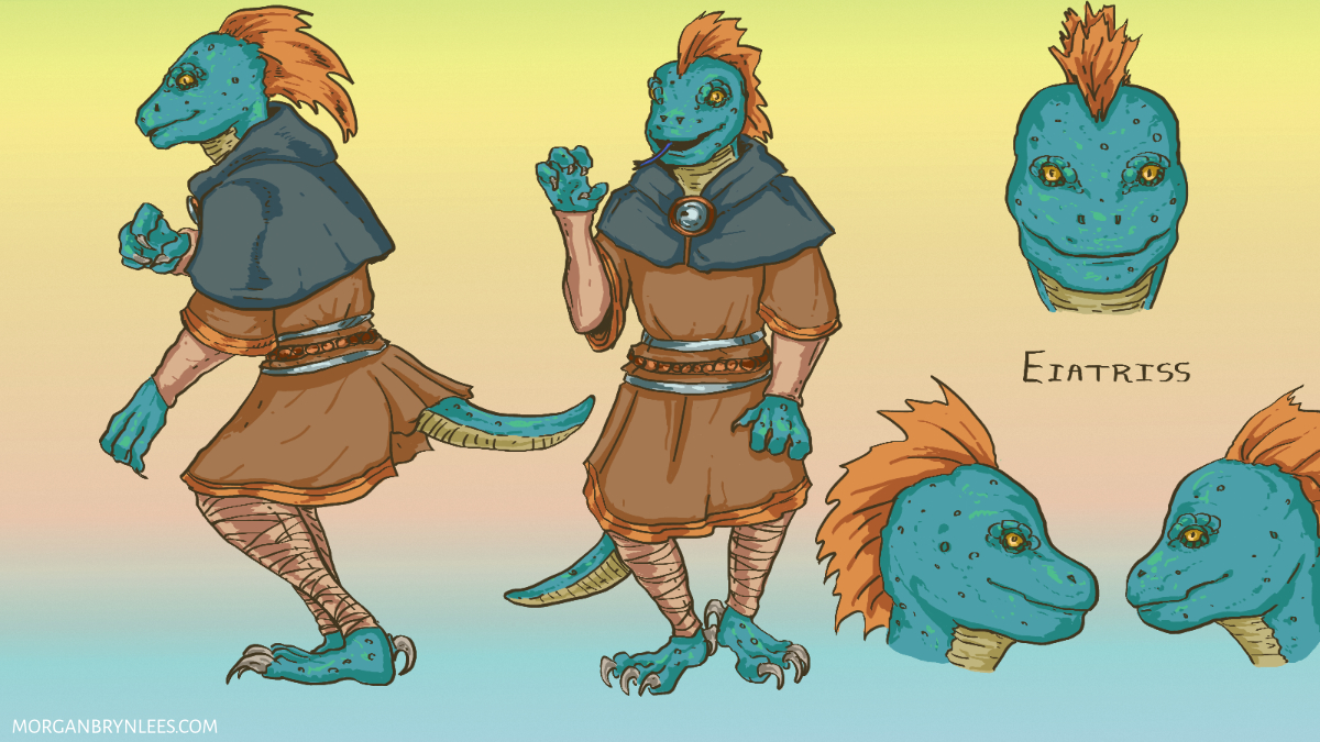 Pyre Reference Sheet: Eiatriss Facial turnaround and poses of a blue lizard person with an orange crest. They wear a complicated tunic and leg wraps.
