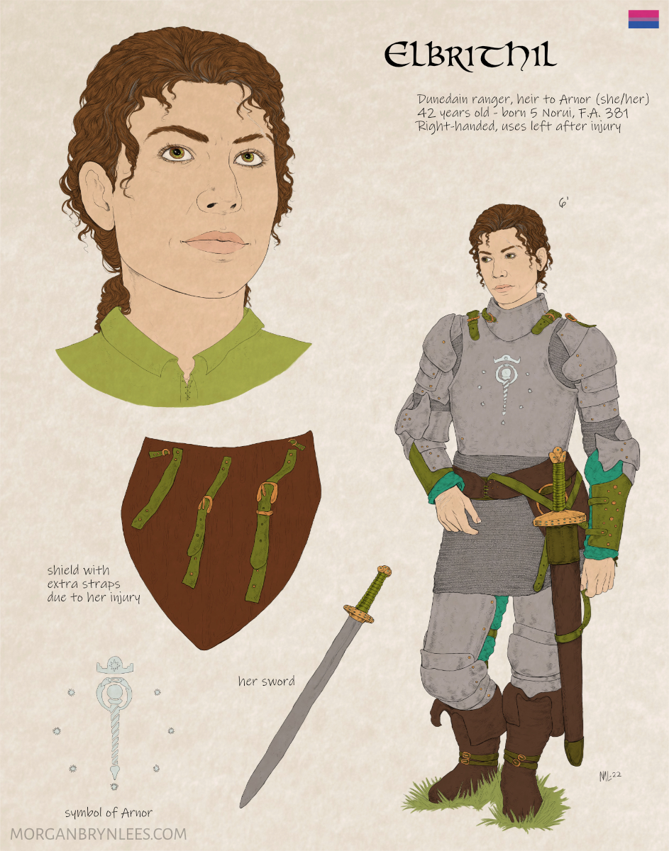 MERP Reference Sheet: Elbrithil A light-skinned woman with wavy greying brown hair and hazel eyes is depicted wearing plate armor and carrying a sword. Details include her shield, which is designed to be strapped to an arm that healed wrong, her sword, and the device of Arnor.