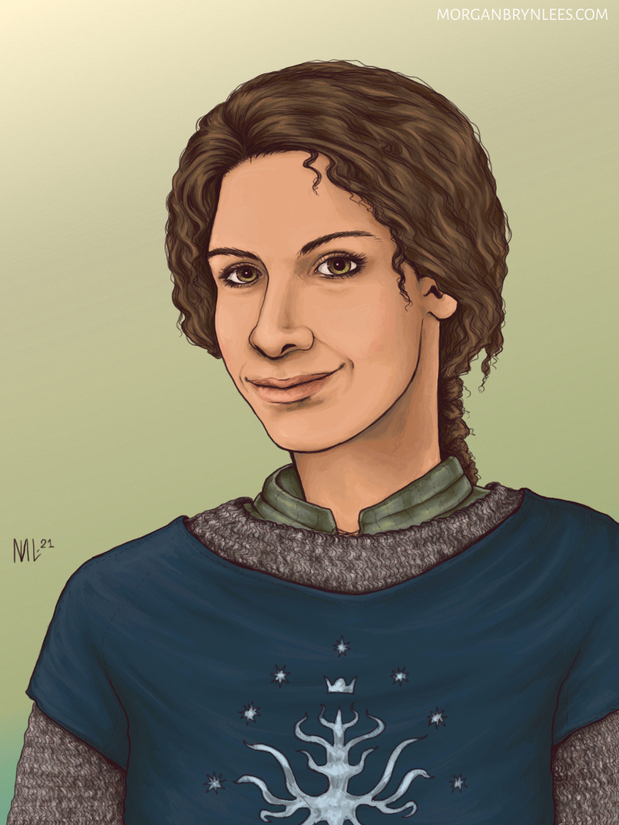 Portrait: Elbrithil A portrait of a light skinned woman with tied back greying brown hair and hazel eyes wearing chain armor.