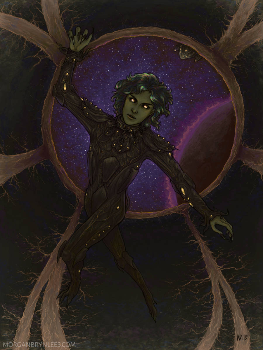 Errant Mind A green-skinned person with claws and glowing orange eyes dressed in sci-fi armor floating near a window.