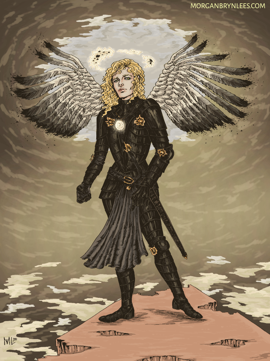 Errant Star A light-skinned angel with curly gold hair wearing black armor and with blackened wings.