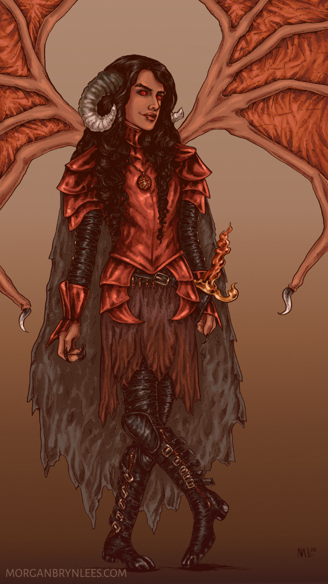 Eshavad A brown-skinned demon with black hair and red eyes wearing armor.