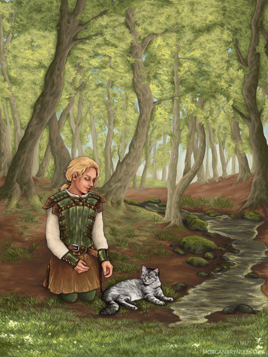 Forest Morning A light-skinned woman with blond hair wearing leather armor kneels in a forest clearing near a stream, next to a grey-and-white striped cat.