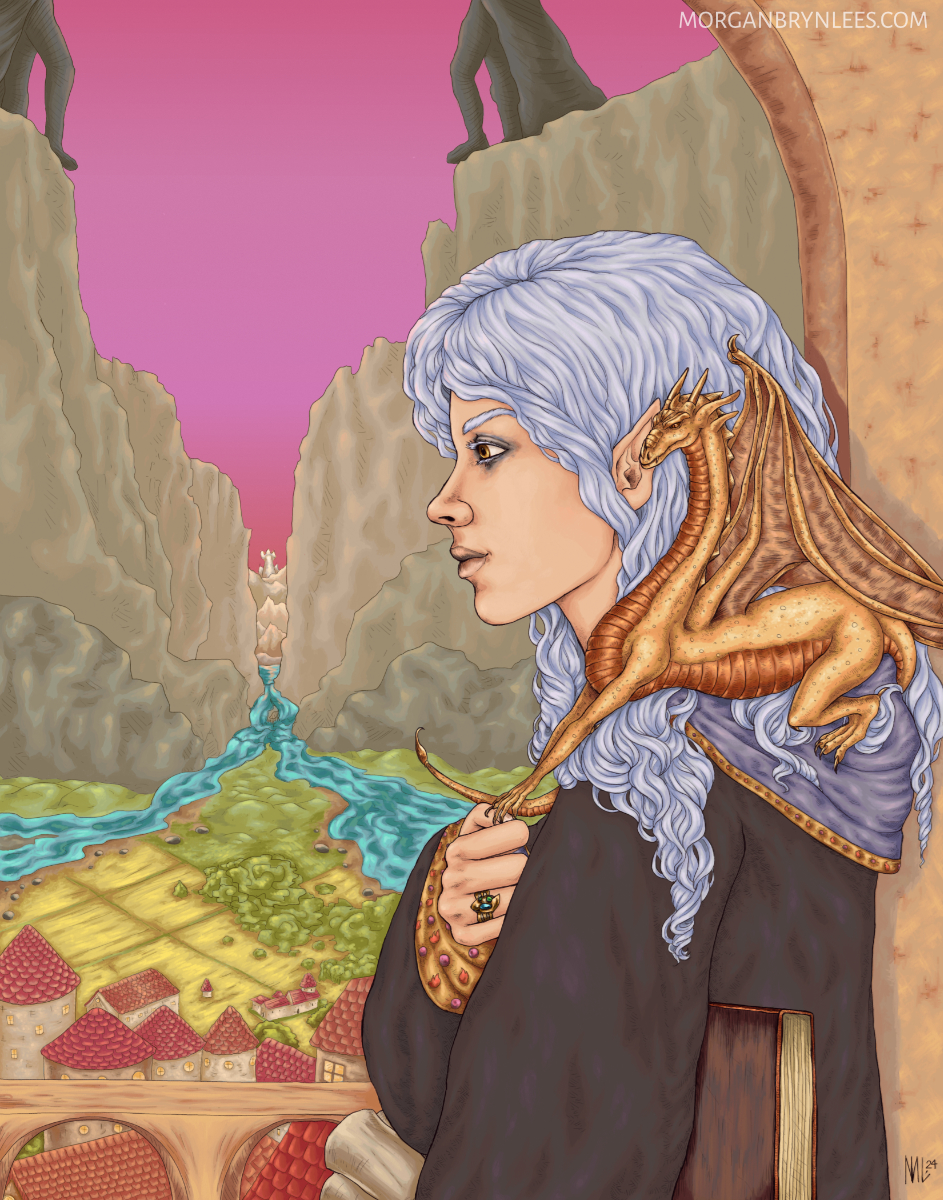 End of the Elder Gods: Ithenrael A young white-haired elf holds a stack of books and scrolls, with a pseudo-dragon perched on his shoulder, looks out a window.