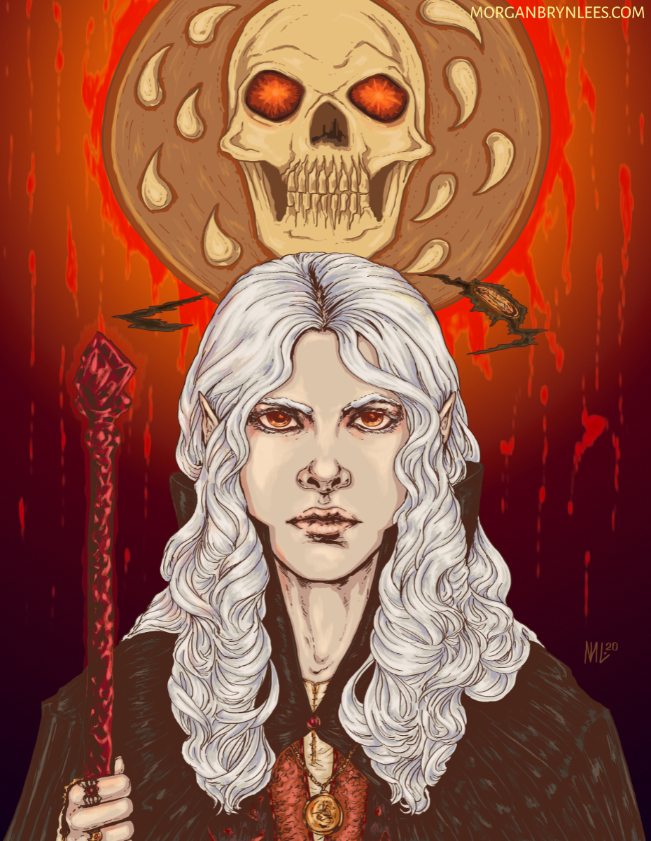 Ithenrael, Child of Bhaal A pale-skinned elf with long white hair and red-glowing gold eyes wearing robes against the symbol of Bhaal, Lord of Murder.