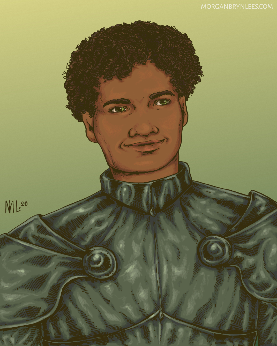 Kaspar A brown skinned man with short curly black hair wearing plate armor.