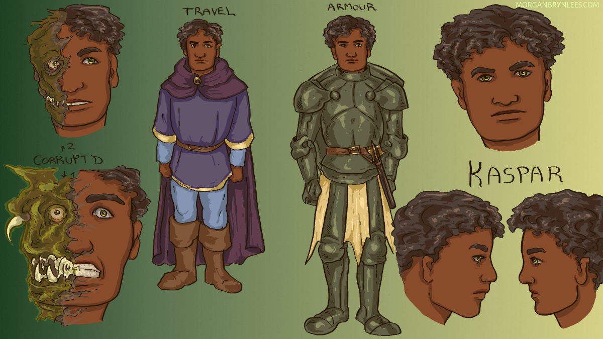 Pyre Reference Sheet: Kaspar Facial turnaround and poses of man with short curly black hair, brown skin, and brown eyes. In the left he also has a monstrous right half to his face, green and with fangs and tusks. The poses have him in a tunic and boots and then in plate armor.