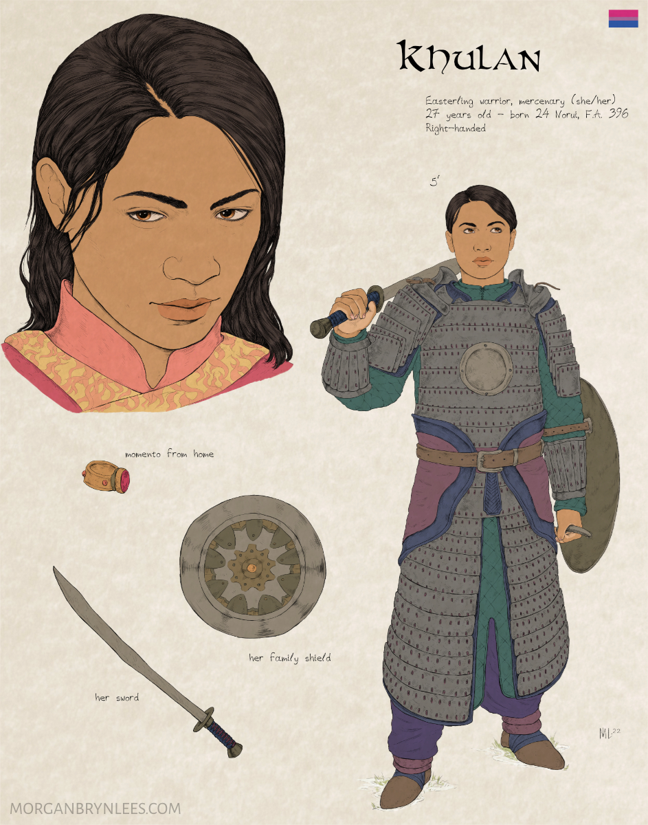 MERP Reference Sheet: Khulan A light brown-skinned woman with medium length straight black hair and brown eyes is depicted wearing metal lamellar armor and carrying a shield and sword. Details include her shield, her sword, and a ring set with a red stone.