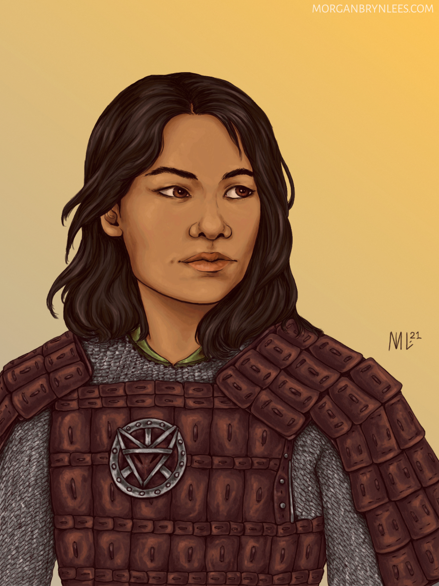 Portrait: Khulan A portrait of a medium skinned woman with medium length black hair and brown eyes wearing lamellar armor.