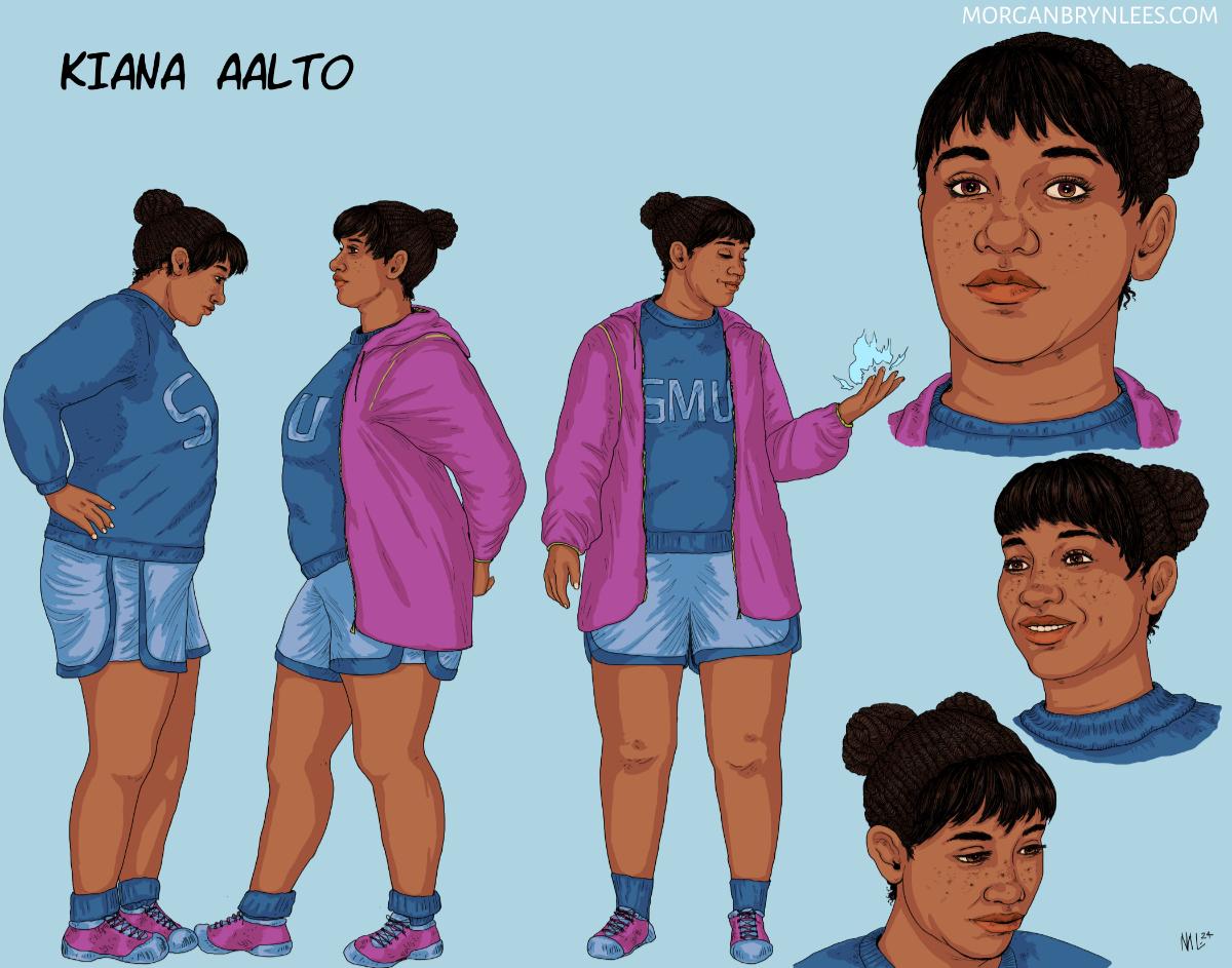 Verdant Shadows Reference Sheet: Kiana Facial turnaround and poses of brown-skinned woman with black hair done up in two buns and brown eyes. She has freckles. In all poses she is wearing a sweatshirt and shorts, and in two also a rainjacket. Blue magic is at her hand.