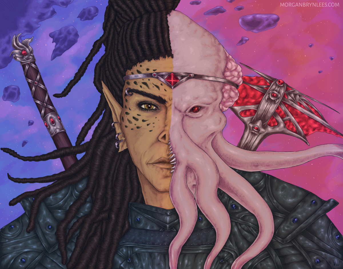 Knight of the Comet A portrait of the same person, but on the left they're a grim-looking githyanki and on the right a mind-flayer. The background is the astral sea.