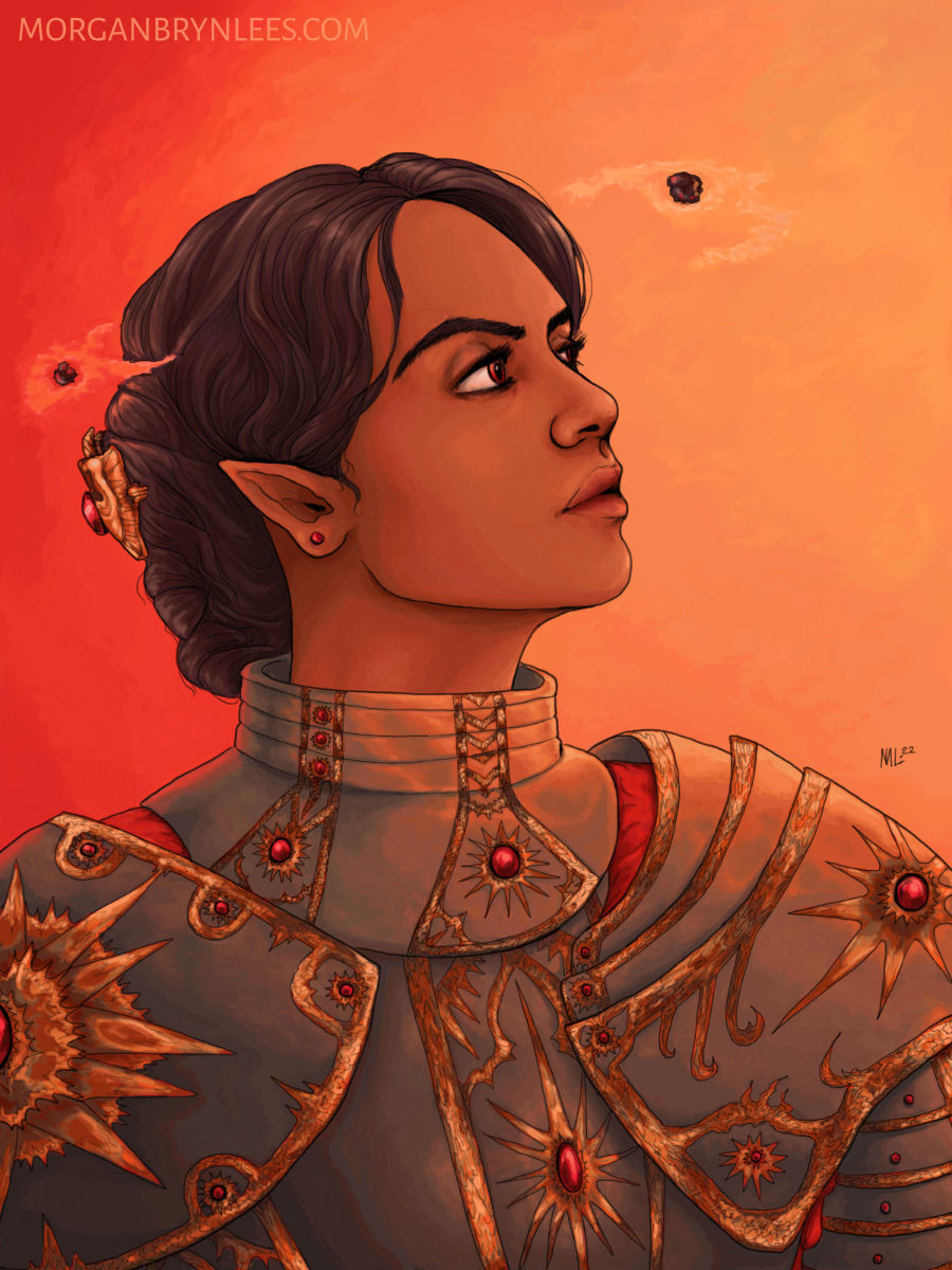 Kuzimiyel Bloodsun A portrait of a brown-skinned elf with braided black hair and red eyes looking up, wearing ornate black plate armor.