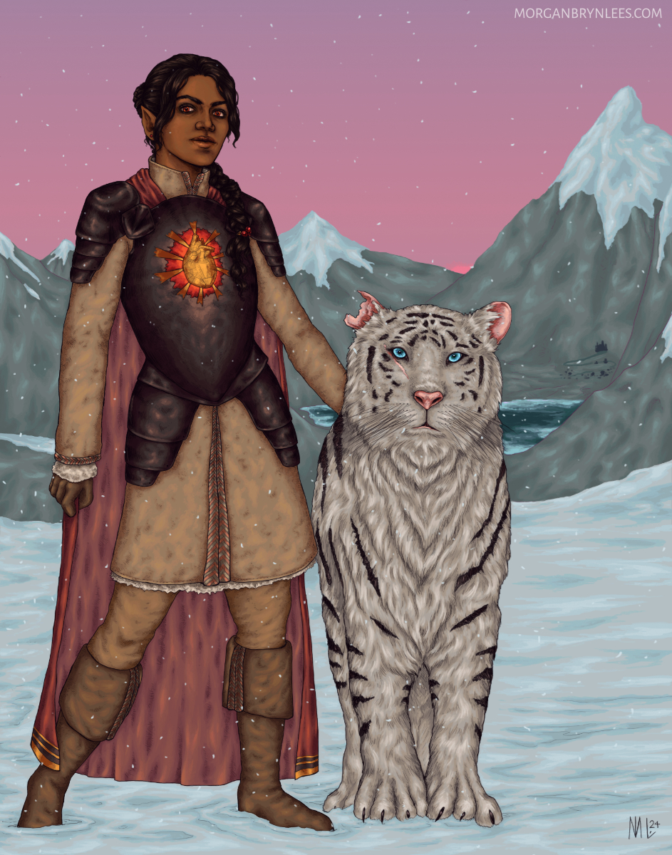 End of the Elder Gods: Kuzimiyel Bloodsun A brown-skinned elf with braided black hair and red eyes, wearing some bits of armor over warm clothes, stands in an icy landscape with a large scarred white tiger with blue eyes.