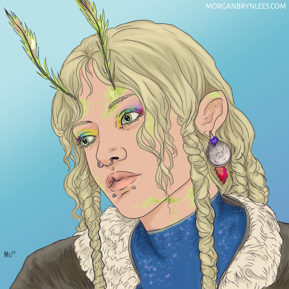 Lethe A light-skinned person with blond hair, colorful makeup, and patches of glowing green on their face, and moth antennae.