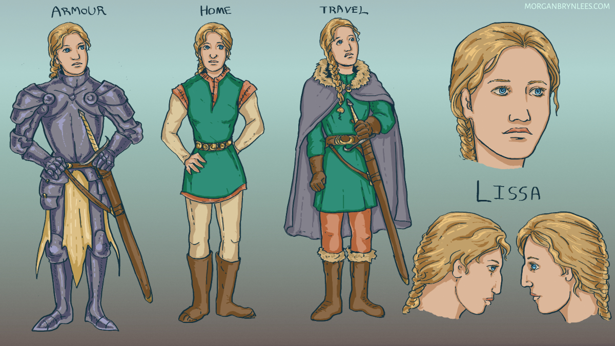Pyre Reference Sheet: Lissa Facial turnaround and poses of a woman with long braided blond hair, pale skin, and blue eyes. In one pose she is wearing plate armor, in the other a tunic and boots.