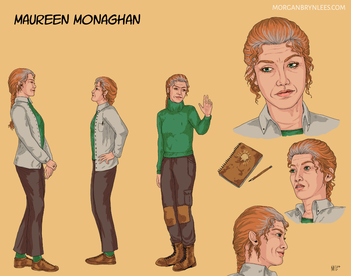 Verdant Shadows Reference Sheet: Maureen Facial turnaround and poses of a light-skinned woman with greying red hair and green eyes. In two of the poses she wears a lab coat and dark slacks, in the other a green sweater and dark cargo pants. A journal is included.