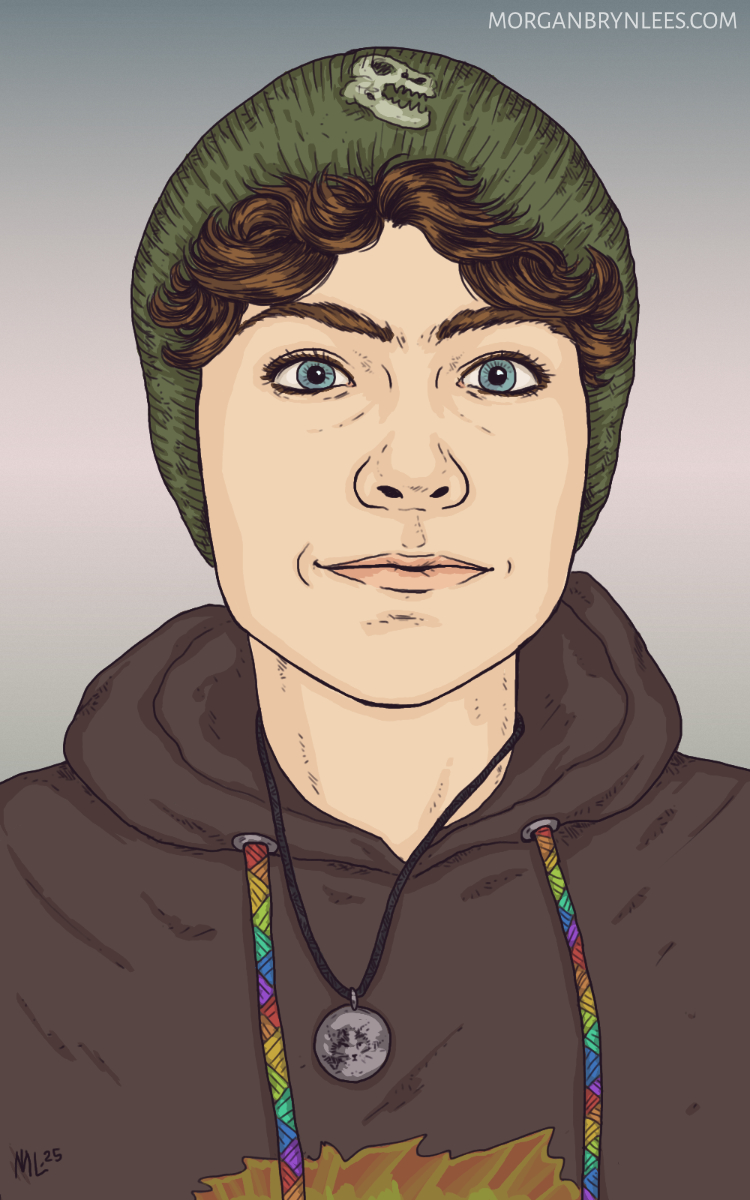 Self Portrait Portrait of a person with short dark brown hair, pale skin, and blue-grey eyes wearing headphones and a black shirt.